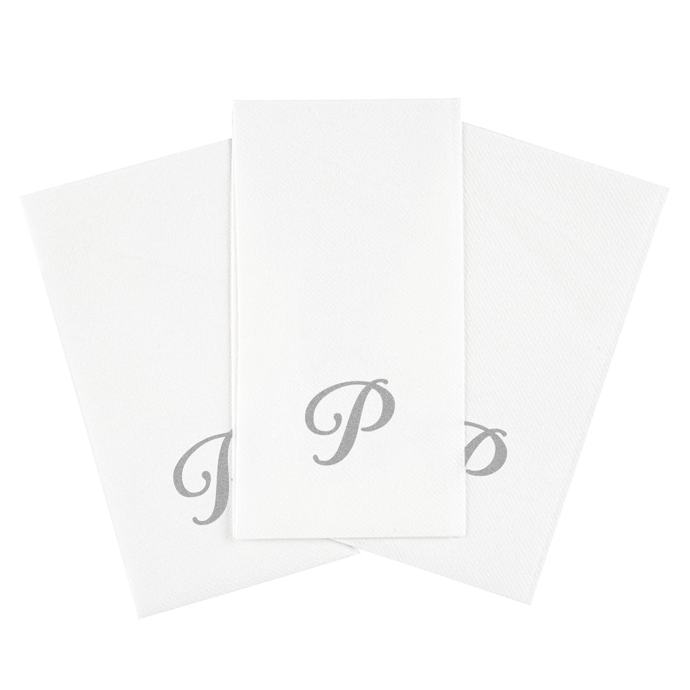 Luxenap Rectangle Silver Letter P White Paper Linen-Feel Guest Towel / Napkin - Air Laid, Cursive Font - 15 3/4" x 8" - 50 count box