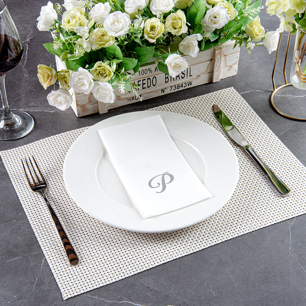 Luxenap Rectangle Silver Letter P White Paper Linen-Feel Guest Towel / Napkin - Air Laid, Cursive Font - 15 3/4" x 8" - 50 count box
