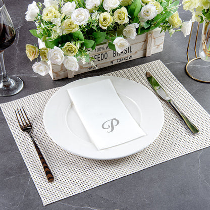 Luxenap Rectangle Silver Letter P White Paper Linen-Feel Guest Towel / Napkin - Air Laid, Cursive Font - 15 3/4" x 8" - 50 count box