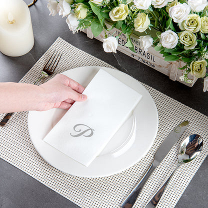 Luxenap Rectangle Silver Letter P White Paper Linen-Feel Guest Towel / Napkin - Air Laid, Cursive Font - 15 3/4" x 8" - 50 count box