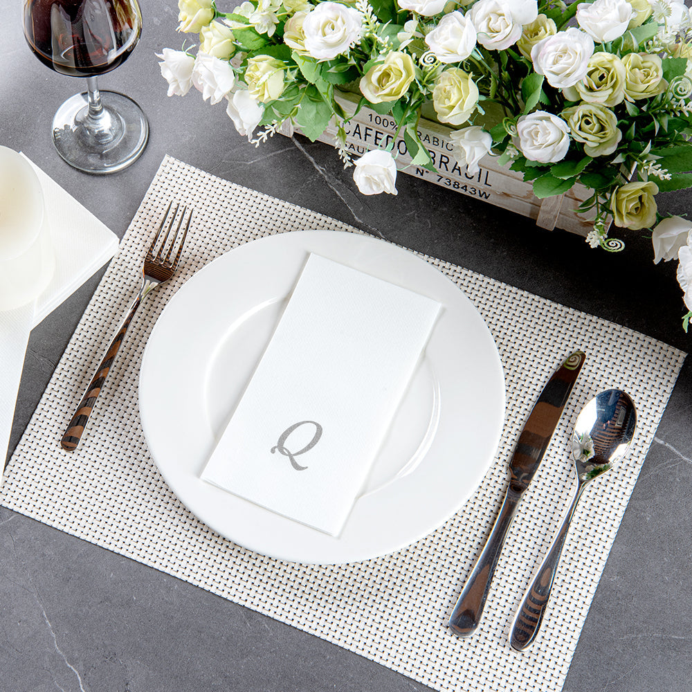 Luxenap Rectangle Silver Letter Q White Paper Linen-Feel Guest Towel / Napkin - Air Laid, Cursive Font - 15 3/4" x 8" - 2000 count box