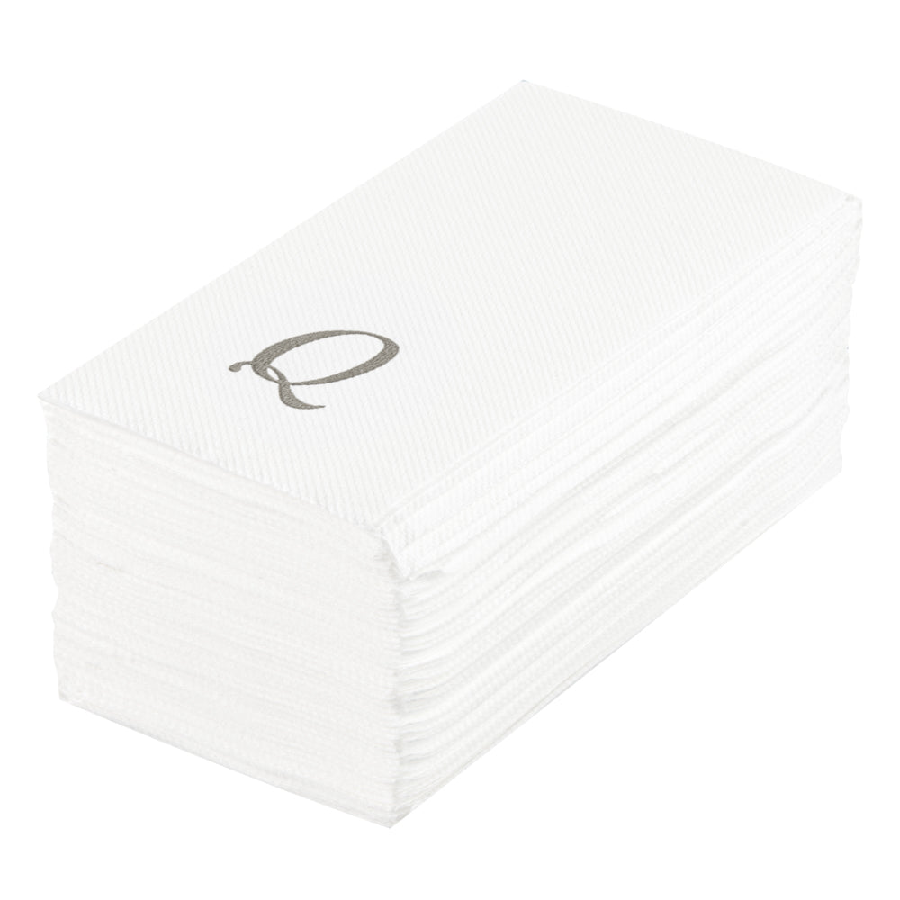 Luxenap Rectangle Silver Letter Q White Paper Linen-Feel Guest Towel / Napkin - Air Laid, Cursive Font - 15 3/4" x 8" - 50 count box