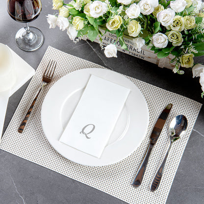 Luxenap Rectangle Silver Letter Q White Paper Linen-Feel Guest Towel / Napkin - Air Laid, Cursive Font - 15 3/4" x 8" - 50 count box