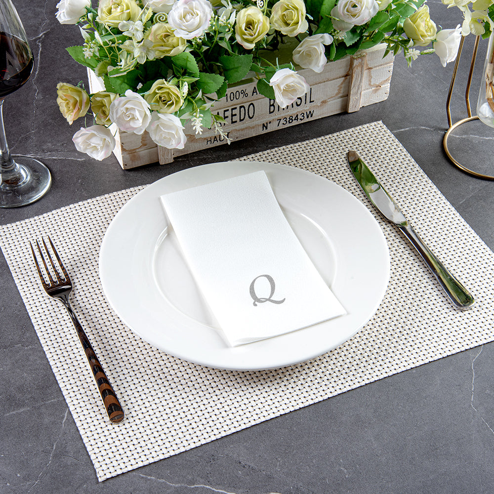 Luxenap Rectangle Silver Letter Q White Paper Linen-Feel Guest Towel / Napkin - Air Laid, Cursive Font - 15 3/4" x 8" - 50 count box