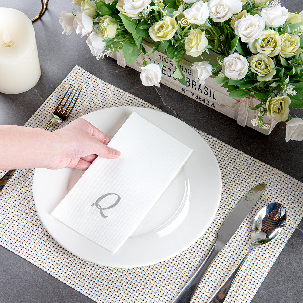 Luxenap Rectangle Silver Letter Q White Paper Linen-Feel Guest Towel / Napkin - Air Laid, Cursive Font - 15 3/4" x 8" - 2000 count box