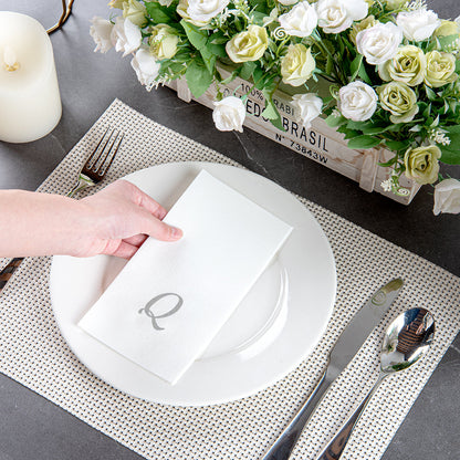 Luxenap Rectangle Silver Letter Q White Paper Linen-Feel Guest Towel / Napkin - Air Laid, Cursive Font - 15 3/4" x 8" - 2000 count box