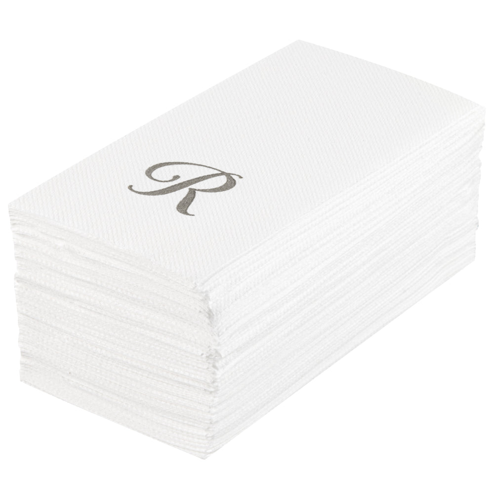 Luxenap Rectangle Silver Letter R White Paper Linen-Feel Guest Towel / Napkin - Air Laid, Cursive Font - 15 3/4" x 8" - 2000 count box