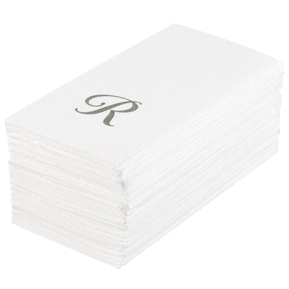 Luxenap Rectangle Silver Letter R White Paper Linen-Feel Guest Towel / Napkin - Air Laid, Cursive Font - 15 3/4" x 8" - 2000 count box