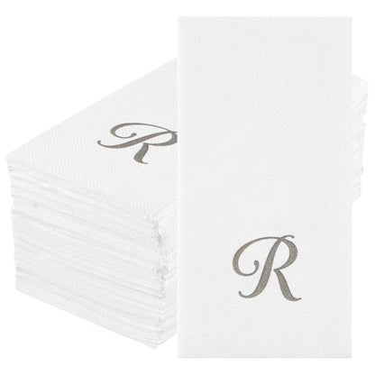Luxenap Rectangle Silver Letter R White Paper Linen-Feel Guest Towel / Napkin - Air Laid, Cursive Font - 15 3/4" x 8" - 50 count box