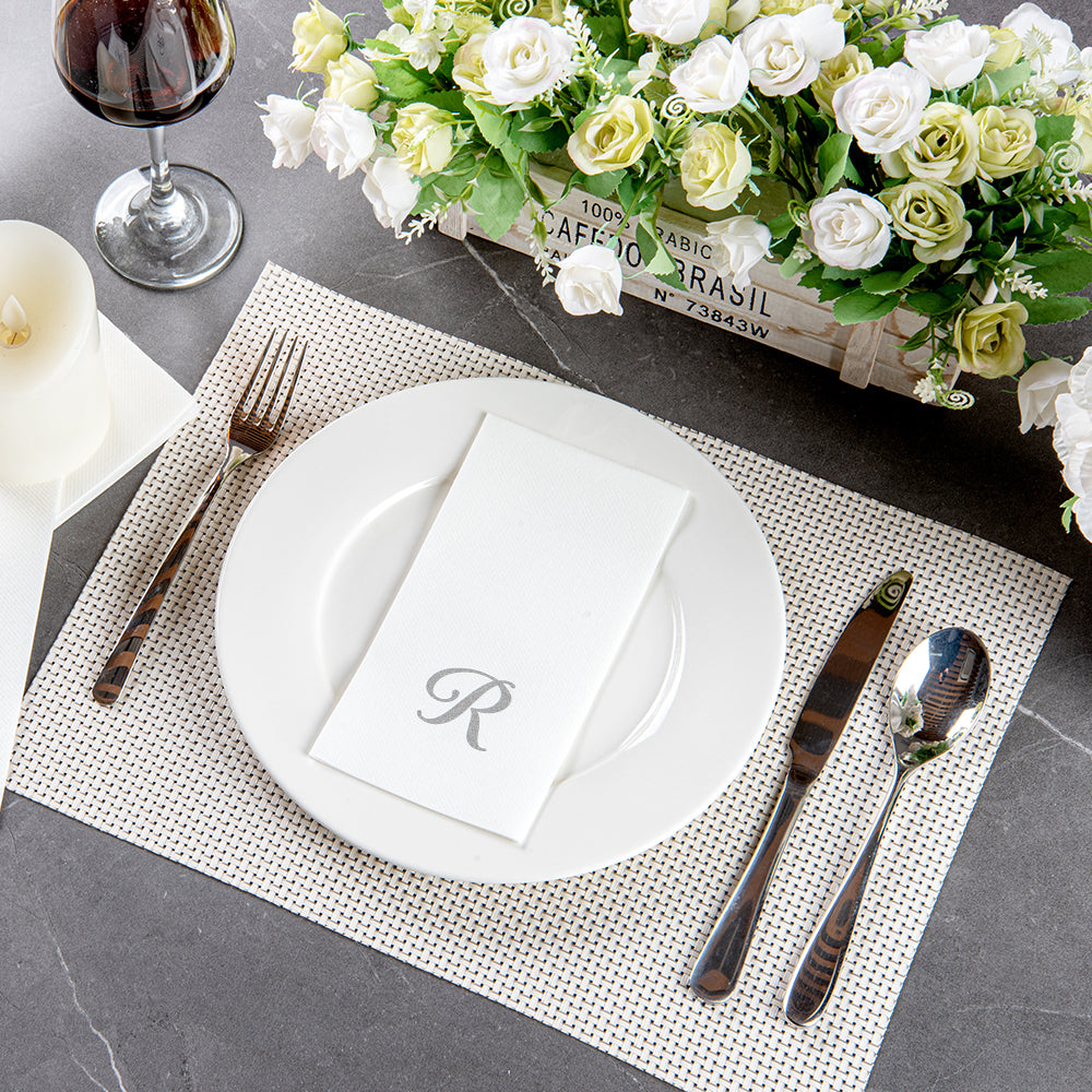 Luxenap Rectangle Silver Letter R White Paper Linen-Feel Guest Towel / Napkin - Air Laid, Cursive Font - 15 3/4" x 8" - 50 count box