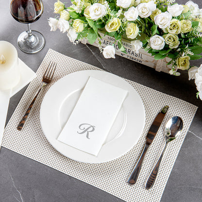 Luxenap Rectangle Silver Letter R White Paper Linen-Feel Guest Towel / Napkin - Air Laid, Cursive Font - 15 3/4" x 8" - 50 count box