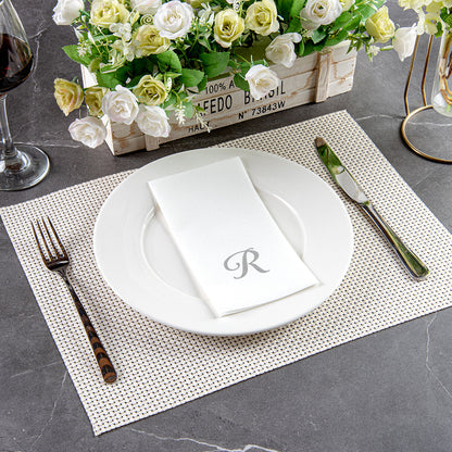 Luxenap Rectangle Silver Letter R White Paper Linen-Feel Guest Towel / Napkin - Air Laid, Cursive Font - 15 3/4" x 8" - 50 count box