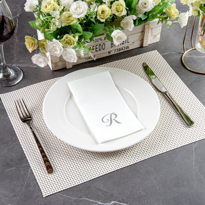 Luxenap Rectangle Silver Letter R White Paper Linen-Feel Guest Towel / Napkin - Air Laid, Cursive Font - 15 3/4" x 8" - 2000 count box