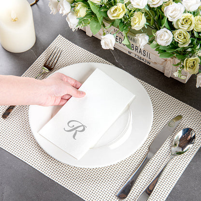 Luxenap Rectangle Silver Letter R White Paper Linen-Feel Guest Towel / Napkin - Air Laid, Cursive Font - 15 3/4" x 8" - 2000 count box