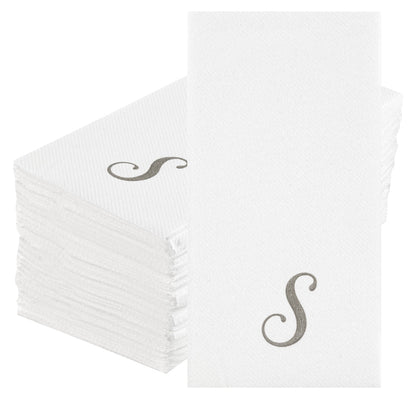 Luxenap Rectangle Silver Letter S White Paper Linen-Feel Guest Towel / Napkin - Air Laid, Cursive Font - 15 3/4" x 8" - 2000 count box