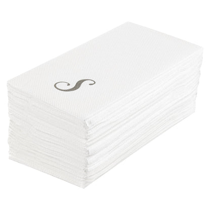 Luxenap Rectangle Silver Letter S White Paper Linen-Feel Guest Towel / Napkin - Air Laid, Cursive Font - 15 3/4" x 8" - 2000 count box