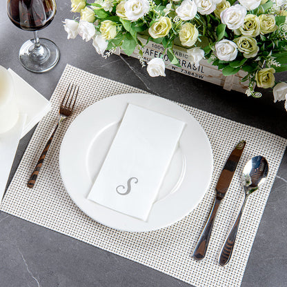 Luxenap Rectangle Silver Letter S White Paper Linen-Feel Guest Towel / Napkin - Air Laid, Cursive Font - 15 3/4" x 8" - 2000 count box