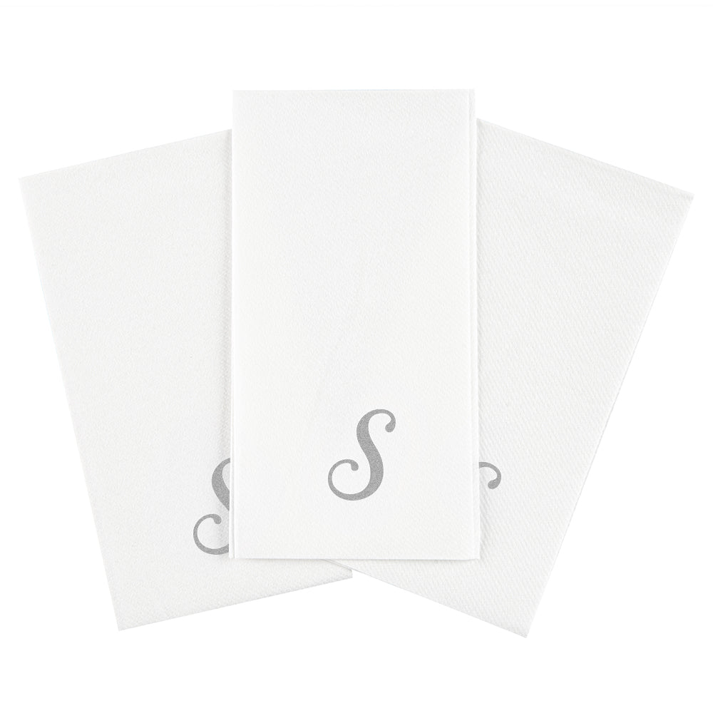 Luxenap Rectangle Silver Letter S White Paper Linen-Feel Guest Towel / Napkin - Air Laid, Cursive Font - 15 3/4" x 8" - 50 count box