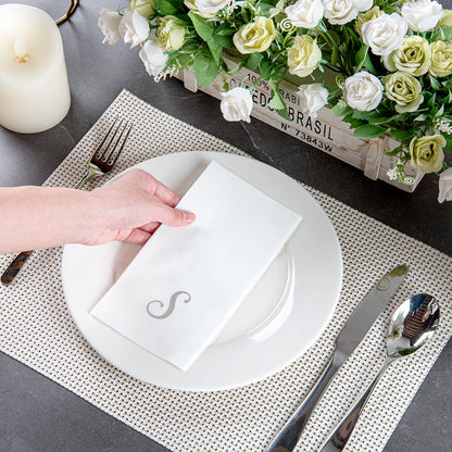 Luxenap Rectangle Silver Letter S White Paper Linen-Feel Guest Towel / Napkin - Air Laid, Cursive Font - 15 3/4" x 8" - 2000 count box