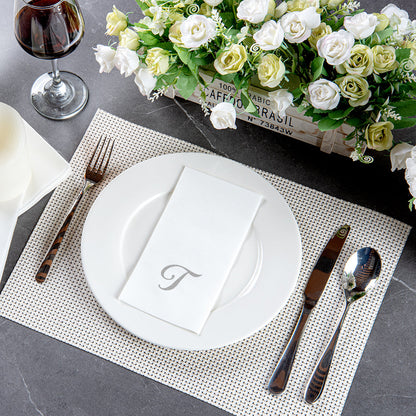 Luxenap Rectangle Silver Letter T White Paper Linen-Feel Guest Towel / Napkin - Air Laid, Cursive Font - 15 3/4" x 8" - 50 count box