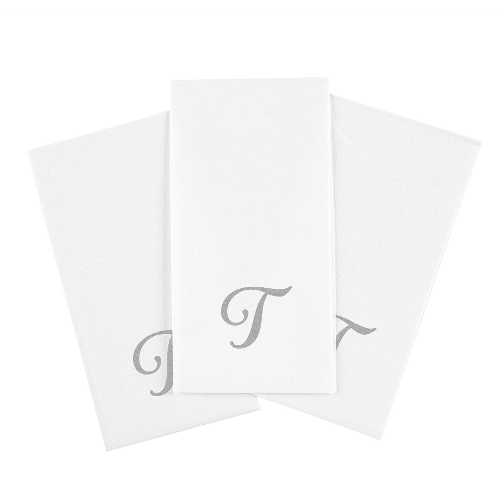 Luxenap Rectangle Silver Letter T White Paper Linen-Feel Guest Towel / Napkin - Air Laid, Cursive Font - 15 3/4" x 8" - 50 count box