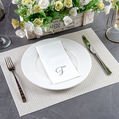 Luxenap Rectangle Silver Letter T White Paper Linen-Feel Guest Towel / Napkin - Air Laid, Cursive Font - 15 3/4" x 8" - 50 count box