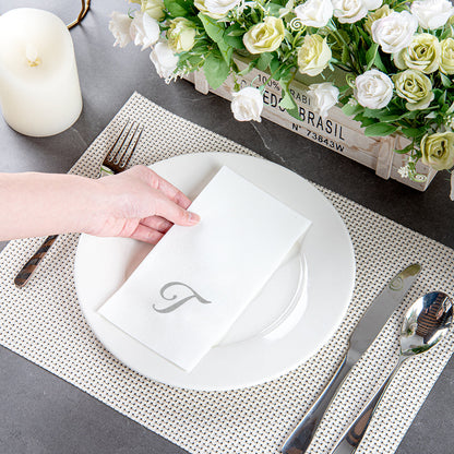 Luxenap Rectangle Silver Letter T White Paper Linen-Feel Guest Towel / Napkin - Air Laid, Cursive Font - 15 3/4" x 8" - 50 count box