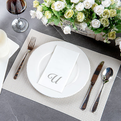Luxenap Rectangle Silver Letter U White Paper Linen-Feel Guest Towel / Napkin - Air Laid, Cursive Font - 15 3/4" x 8" - 2000 count box