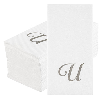 Luxenap Rectangle Silver Letter U White Paper Linen-Feel Guest Towel / Napkin - Air Laid, Cursive Font - 15 3/4" x 8" - 50 count box