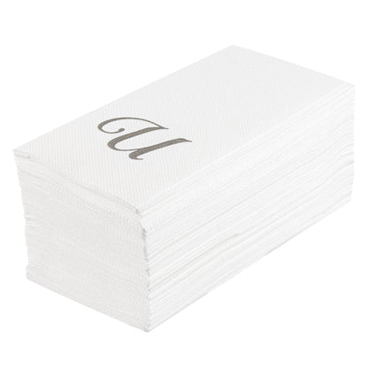 Luxenap Rectangle Silver Letter U White Paper Linen-Feel Guest Towel / Napkin - Air Laid, Cursive Font - 15 3/4" x 8" - 50 count box