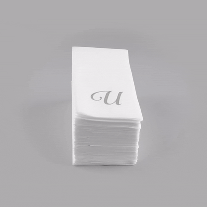 Luxenap Rectangle Silver Letter U White Paper Linen-Feel Guest Towel / Napkin - Air Laid, Cursive Font - 15 3/4" x 8" - 50 count box