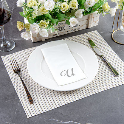 Luxenap Rectangle Silver Letter U White Paper Linen-Feel Guest Towel / Napkin - Air Laid, Cursive Font - 15 3/4" x 8" - 2000 count box
