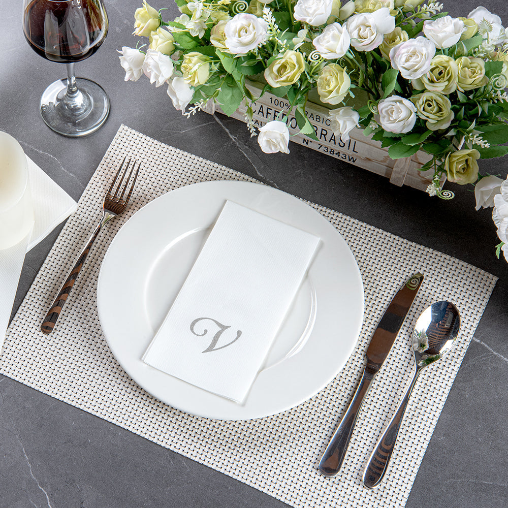 Luxenap Rectangle Silver Letter V White Paper Linen-Feel Guest Towel / Napkin - Air Laid, Cursive Font - 15 3/4" x 8" - 2000 count box