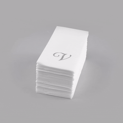 Luxenap Rectangle Silver Letter V White Paper Linen-Feel Guest Towel / Napkin - Air Laid, Cursive Font - 15 3/4" x 8" - 2000 count box