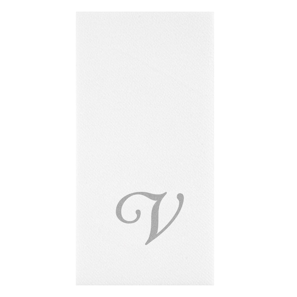 Luxenap Rectangle Silver Letter V White Paper Linen-Feel Guest Towel / Napkin - Air Laid, Cursive Font - 15 3/4" x 8" - 2000 count box