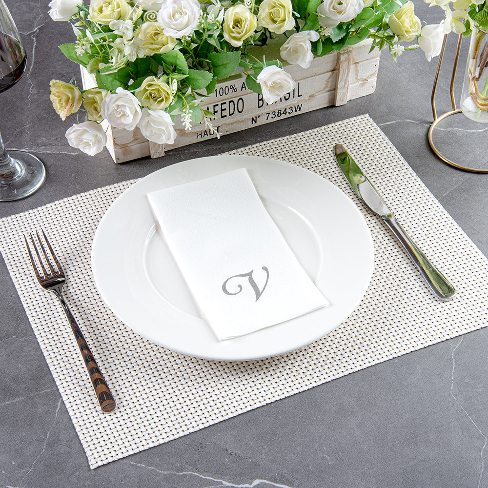 Luxenap Rectangle Silver Letter V White Paper Linen-Feel Guest Towel / Napkin - Air Laid, Cursive Font - 15 3/4" x 8" - 2000 count box