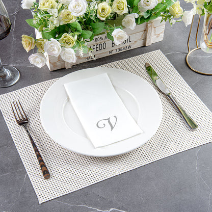 Luxenap Rectangle Silver Letter V White Paper Linen-Feel Guest Towel / Napkin - Air Laid, Cursive Font - 15 3/4" x 8" - 2000 count box