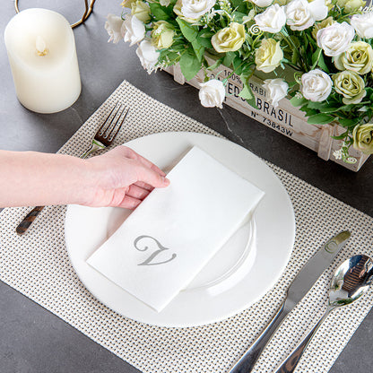Luxenap Rectangle Silver Letter V White Paper Linen-Feel Guest Towel / Napkin - Air Laid, Cursive Font - 15 3/4" x 8" - 2000 count box