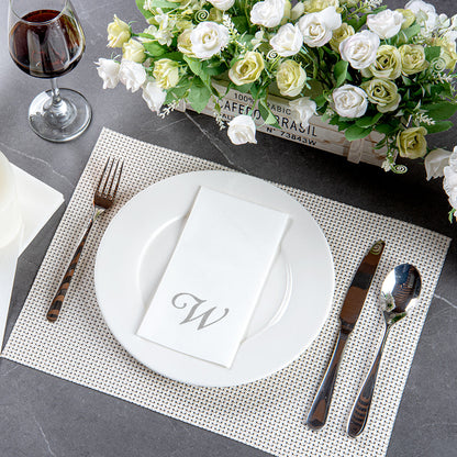 Luxenap Rectangle Silver Letter W White Paper Linen-Feel Guest Towel / Napkin - Air Laid, Cursive Font - 15 3/4" x 8" - 50 count box