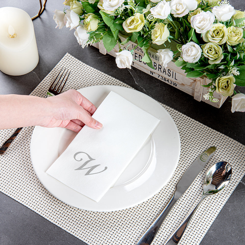 Luxenap Rectangle Silver Letter W White Paper Linen-Feel Guest Towel / Napkin - Air Laid, Cursive Font - 15 3/4" x 8" - 50 count box