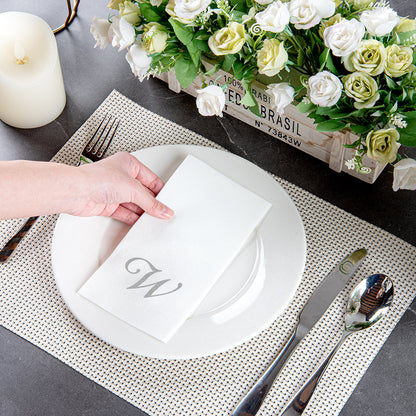 Luxenap Rectangle Silver Letter W White Paper Linen-Feel Guest Towel / Napkin - Air Laid, Cursive Font - 15 3/4" x 8" - 2000 count box