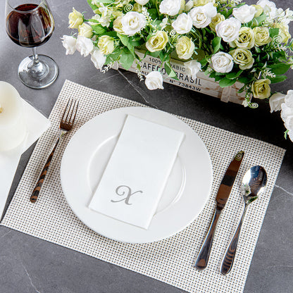 Luxenap Rectangle Silver Letter X White Paper Linen-Feel Guest Towel / Napkin - Air Laid, Cursive Font - 15 3/4" x 8" - 50 count box