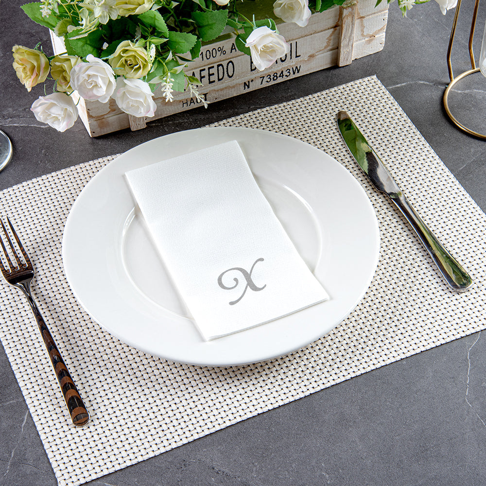 Luxenap Rectangle Silver Letter X White Paper Linen-Feel Guest Towel / Napkin - Air Laid, Cursive Font - 15 3/4" x 8" - 50 count box