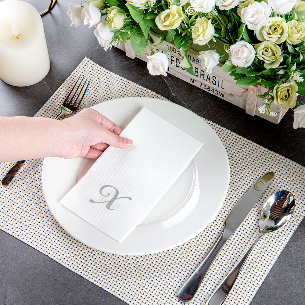 Luxenap Rectangle Silver Letter X White Paper Linen-Feel Guest Towel / Napkin - Air Laid, Cursive Font - 15 3/4" x 8" - 50 count box