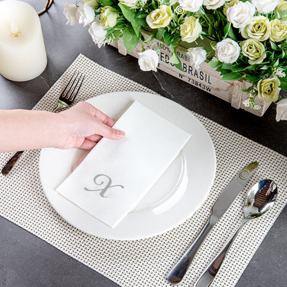 Luxenap Rectangle Silver Letter X White Paper Linen-Feel Guest Towel / Napkin - Air Laid, Cursive Font - 15 3/4" x 8" - 2000 count box