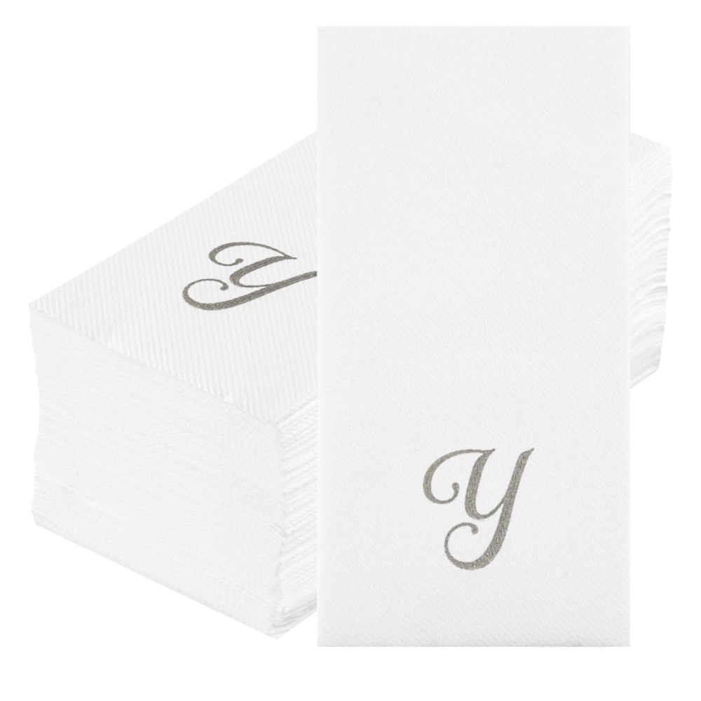 Luxenap Rectangle Silver Letter Y White Paper Linen-Feel Guest Towel / Napkin - Air Laid, Cursive Font - 15 3/4" x 8" - 50 count box