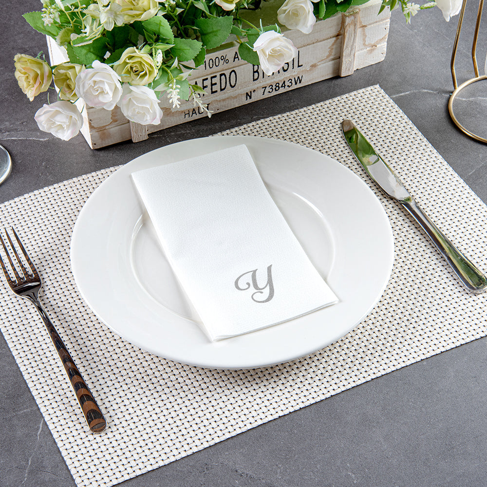 Luxenap Rectangle Silver Letter Y White Paper Linen-Feel Guest Towel / Napkin - Air Laid, Cursive Font - 15 3/4" x 8" - 50 count box