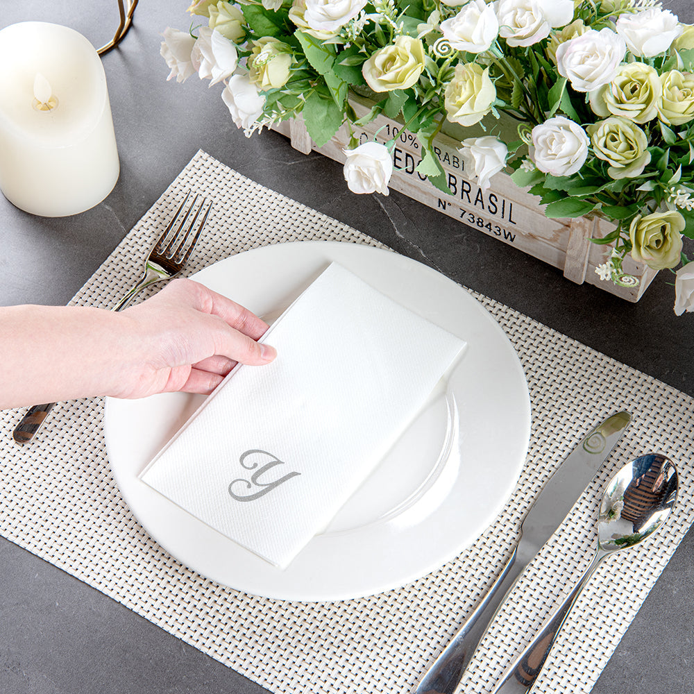 Luxenap Rectangle Silver Letter Y White Paper Linen-Feel Guest Towel / Napkin - Air Laid, Cursive Font - 15 3/4" x 8" - 50 count box