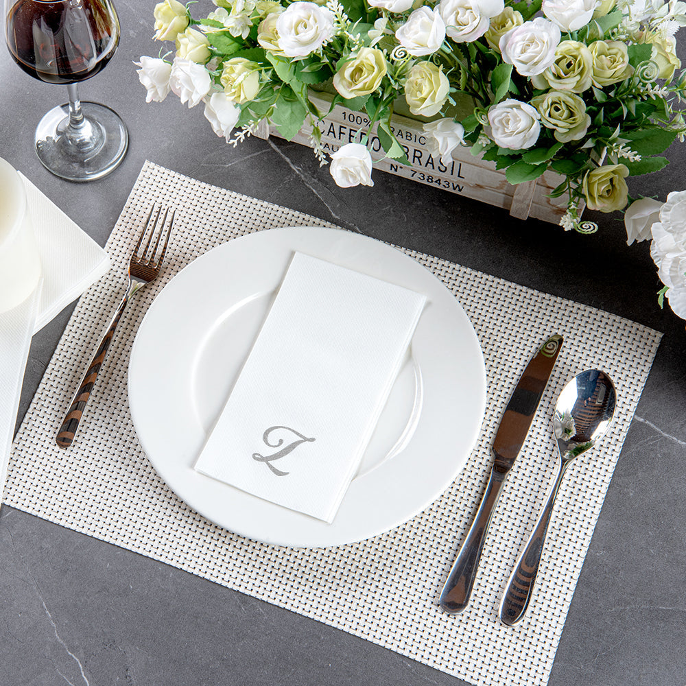 Luxenap Rectangle Silver Letter Z White Paper Linen-Feel Guest Towel / Napkin - Air Laid, Cursive Font - 15 3/4" x 8" - 50 count box