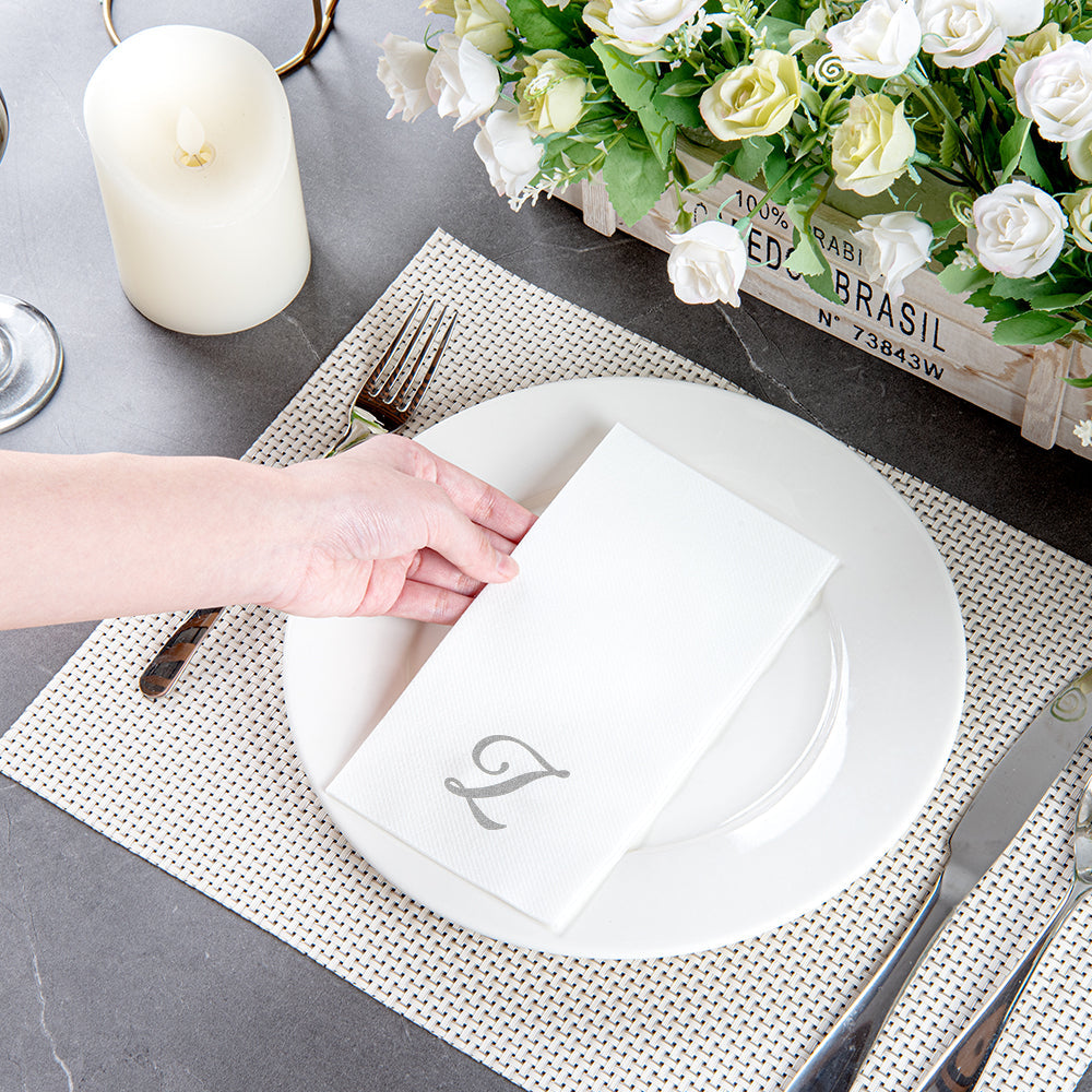 Luxenap Rectangle Silver Letter Z White Paper Linen-Feel Guest Towel / Napkin - Air Laid, Cursive Font - 15 3/4" x 8" - 50 count box